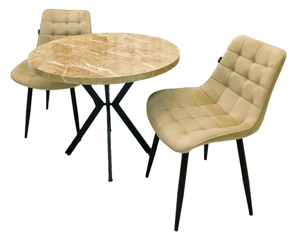 Set masa Hamburg Royal Beige cu 2 scaune Osaka bej, DENVER, picioare metalice negre, forma rotunda, 90x73 cm