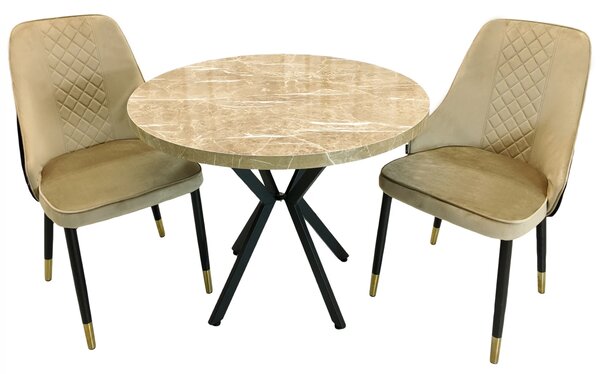 Set masa Hamburg Royal Beige cu 2 scaune Modena Bej, DENVER, picioare metalice negre, forma rotunda, 90x73 cm
