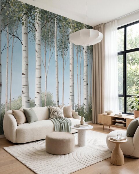 Tapet Pădurice de mesteacăn cu trunchiuri albe pe fundalul cerului albastru, în stil, Fototapet pădure, Fototapet Birches, w10047 : Uwalls.ro