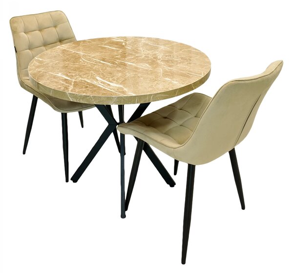 Set masa Hamburg Royal Beige cu 2 scaune Osaka bej, DENVER, picioare metalice negre, forma rotunda, 90x73 cm