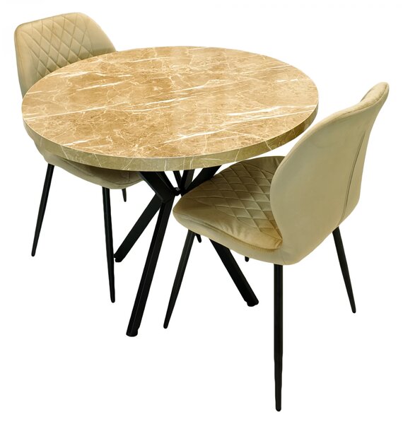 Set masa Hamburg Royal Beige cu 2 scaune Goteborg bej, DENVER, picioare metalice negre, forma rotunda, 90x73 cm