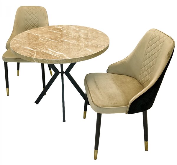 Set masa Hamburg Royal Beige cu 2 scaune Modena Bej, DENVER, picioare metalice negre, forma rotunda, 90x73 cm