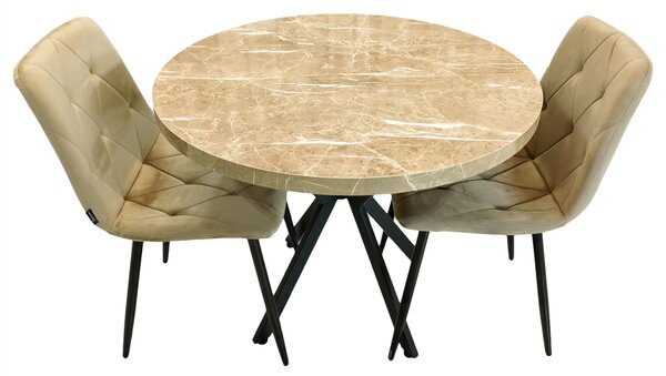 Set masa Hamburg Royal Beige cu 2 scaune Kobe bej, DENVER, picioare metalice negre, forma rotunda, 90x73 cm