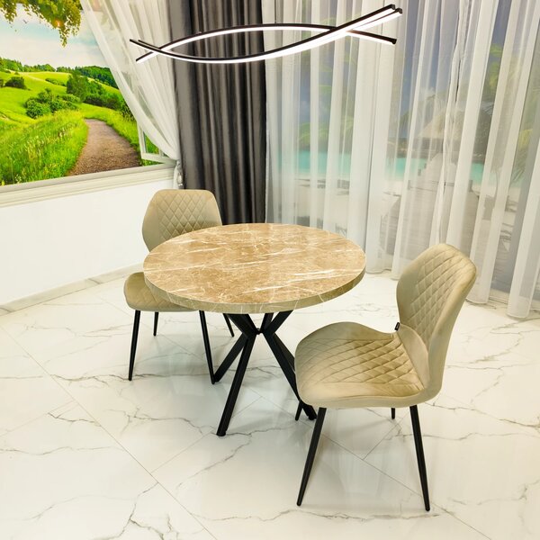 Set masa Hamburg Royal Beige cu 2 scaune Goteborg bej, DENVER, picioare metalice negre, forma rotunda, 90x73 cm