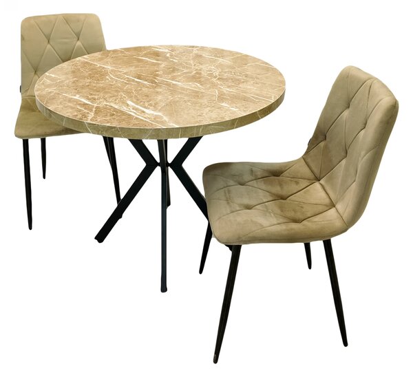 Set masa Hamburg Royal Beige cu 2 scaune Kobe bej, DENVER, picioare metalice negre, forma rotunda, 90x73 cm