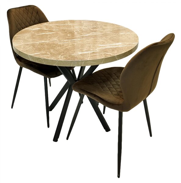 Set masa Hamburg Royal Beige cu 2 scaune Goteborg maro, DENVER, picioare metalice negre, forma rotunda, 90x73 cm