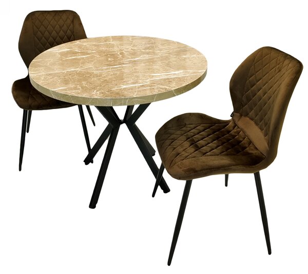 Set masa Hamburg Royal Beige cu 2 scaune Goteborg maro, DENVER, picioare metalice negre, forma rotunda, 90x73 cm