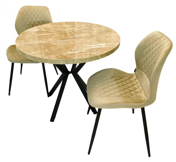 Set masa Hamburg Royal Beige cu 2 scaune Goteborg bej, DENVER, picioare metalice negre, forma rotunda, 90x73 cm