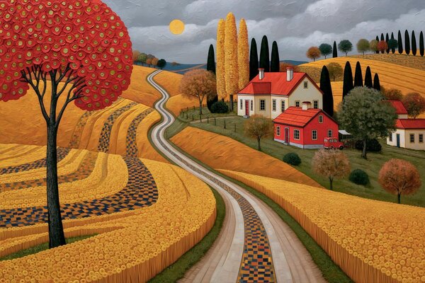 Tapet Imitare a unui peisaj pitoresc din Toscana, realizată prin tușe de pictură în ulei, cu un copac roșu, un, Fototapet Natură, w10049 : Uwalls.ro