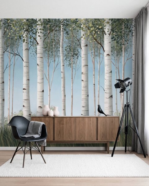 Tapet Pădurice de mesteacăn cu trunchiuri albe pe fundalul cerului albastru, în stil, Fototapet pădure, Fototapet Birches, w10047 : Uwalls.ro