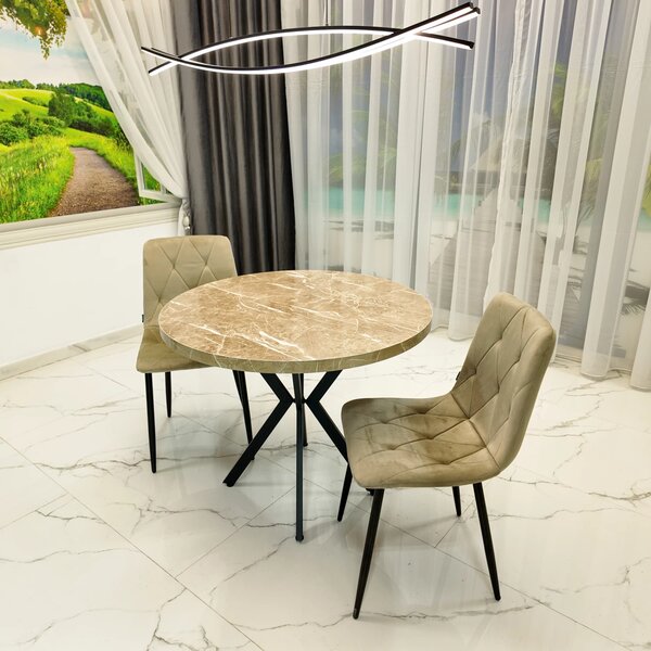 Set masa Hamburg Royal Beige cu 2 scaune Kobe bej, DENVER, picioare metalice negre, forma rotunda, 90x73 cm
