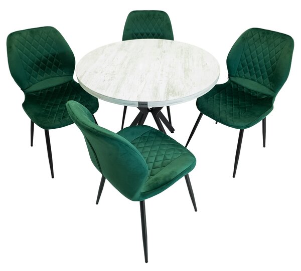 Set masa Hamburg Pin antichizat cu 4 scaune Goteborg verde, DENVER, picioare metalice negre, forma rotunda, 90x73 cm