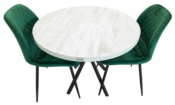 Set masa Hamburg Pin antichizat cu 2 scaune Goteborg verde, DENVER, picioare metalice negre, forma rotunda, 90x73 cm