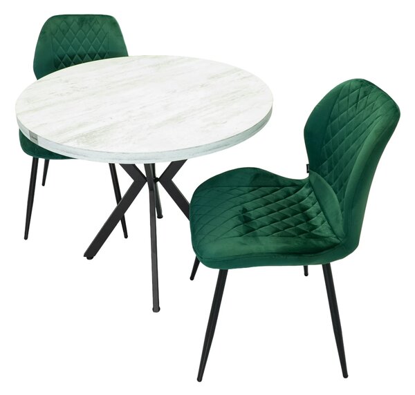 Set masa Hamburg Pin antichizat cu 2 scaune Goteborg verde, DENVER, picioare metalice negre, forma rotunda, 90x73 cm