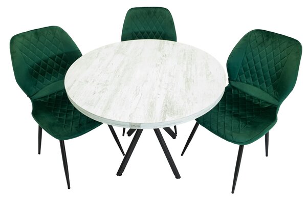 Set masa Hamburg Pin antichizat cu 3 scaune Goteborg verde, DENVER, picioare metalice negre, forma rotunda, 90x73 cm
