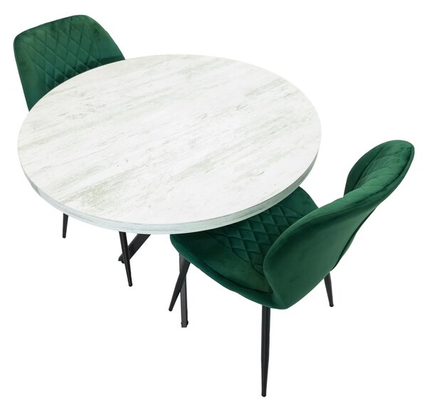 Set masa Hamburg Pin antichizat cu 2 scaune Goteborg verde, DENVER, picioare metalice negre, forma rotunda, 90x73 cm