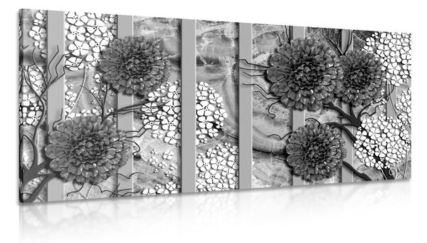 Tablou flori abstracte pe fundal din marmură alb-negru
