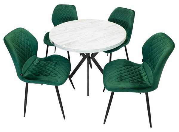Set masa Hamburg Pin antichizat cu 4 scaune Goteborg verde, DENVER, picioare metalice negre, forma rotunda, 90x73 cm
