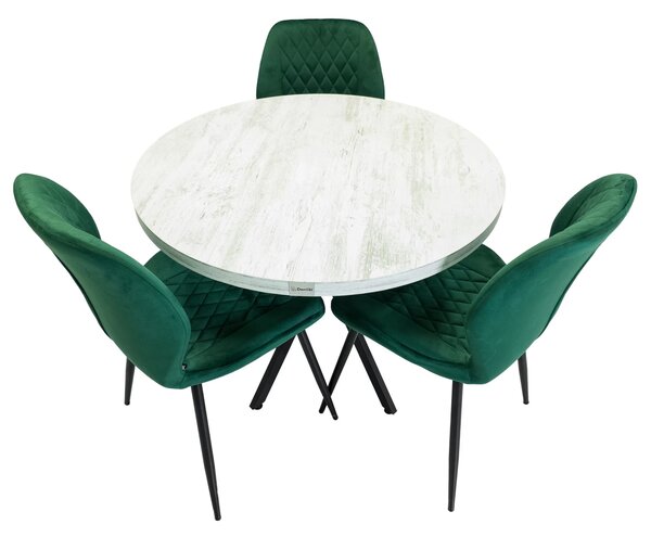 Set masa Hamburg Pin antichizat cu 3 scaune Goteborg verde, DENVER, picioare metalice negre, forma rotunda, 90x73 cm