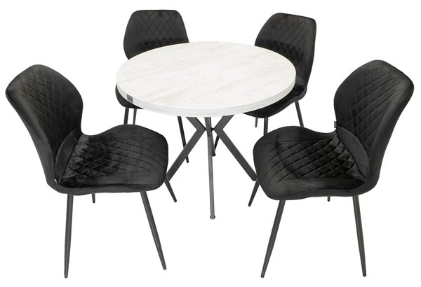 Set masa Hamburg Pin antichizat cu 4 scaune Goteborg negru, DENVER, picioare metalice negre, forma rotunda, 90x73 cm
