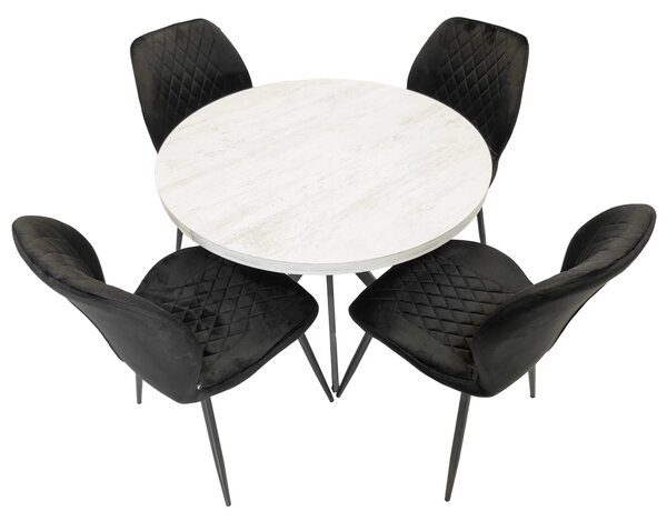 Set masa Hamburg Pin antichizat cu 4 scaune Goteborg negru, DENVER, picioare metalice negre, forma rotunda, 90x73 cm