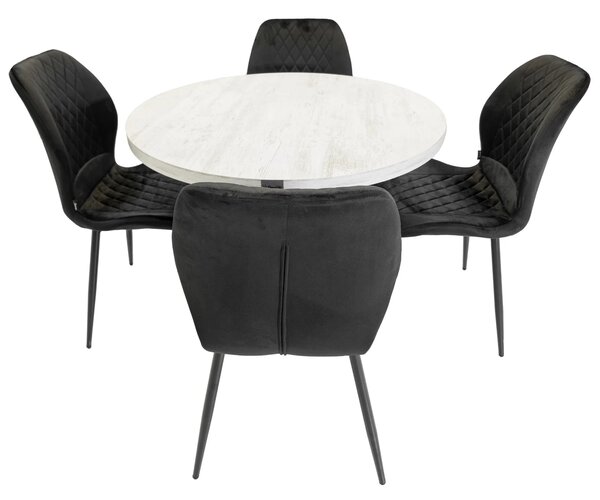 Set masa Hamburg Pin antichizat cu 4 scaune Goteborg negru, DENVER, picioare metalice negre, forma rotunda, 90x73 cm
