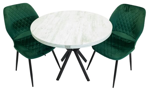 Set masa Hamburg Pin antichizat cu 2 scaune Goteborg verde, DENVER, picioare metalice negre, forma rotunda, 90x73 cm
