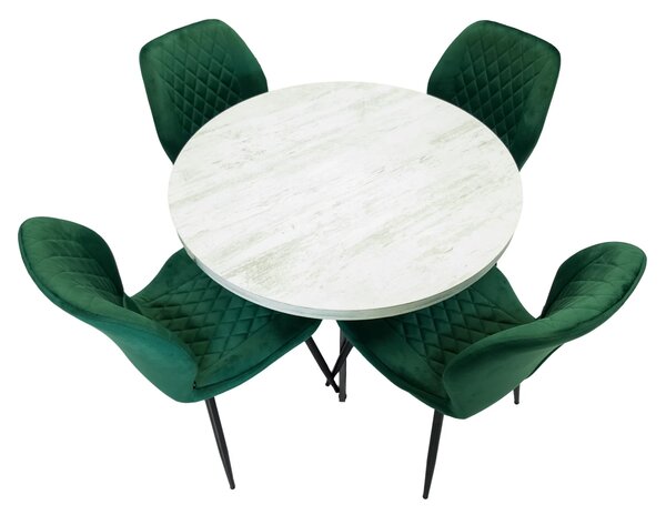 Set masa Hamburg Pin antichizat cu 4 scaune Goteborg verde, DENVER, picioare metalice negre, forma rotunda, 90x73 cm