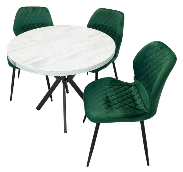 Set masa Hamburg Pin antichizat cu 3 scaune Goteborg verde, DENVER, picioare metalice negre, forma rotunda, 90x73 cm