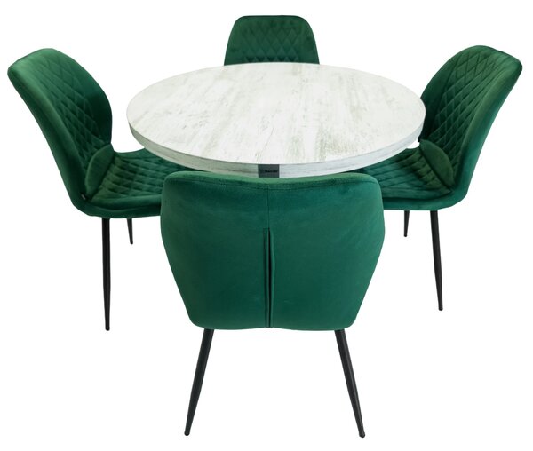 Set masa Hamburg Pin antichizat cu 4 scaune Goteborg verde, DENVER, picioare metalice negre, forma rotunda, 90x73 cm