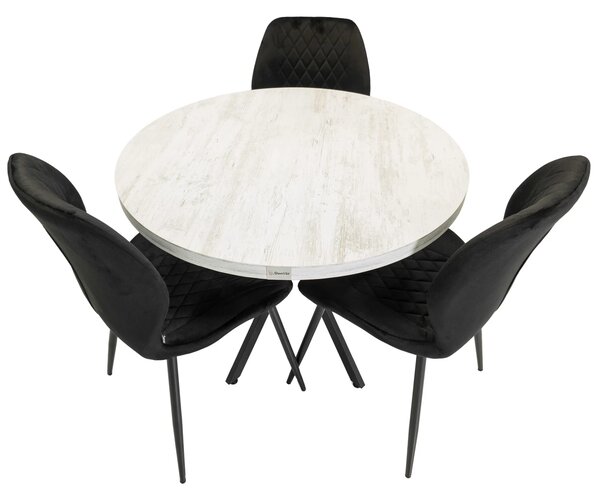 Set masa Hamburg Pin antichizat cu 3 scaune Goteborg negru, DENVER, picioare metalice negre, forma rotunda, 90x73 cm