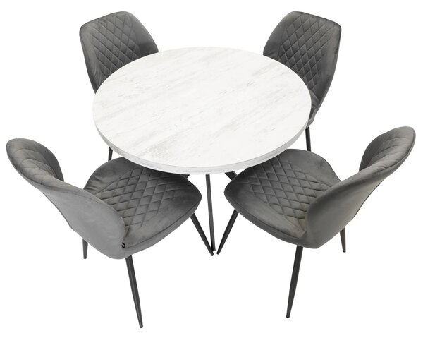Set masa Hamburg Pin antichizat cu 4 scaune Goteborg gri, DENVER, picioare metalice negre, forma rotunda, 90x73 cm