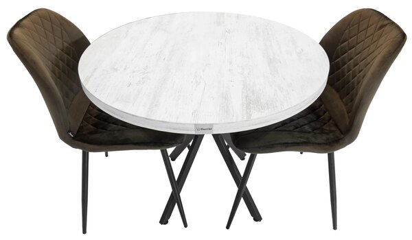 Set masa Hamburg Pin antichizat cu 2 scaune Goteborg maro, DENVER, picioare metalice negre, forma rotunda, 90x73 cm