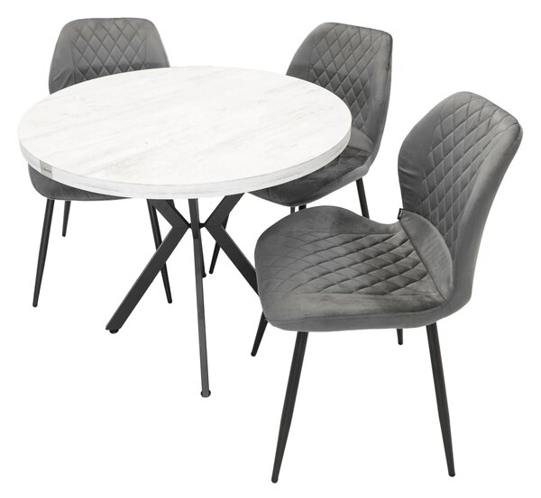 Set masa Hamburg Pin antichizat cu 3 scaune Goteborg gri, DENVER, picioare metalice negre, forma rotunda, 90x73 cm