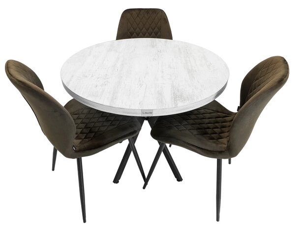 Set masa Hamburg Pin antichizat cu 3 scaune Goteborg maro, DENVER, picioare metalice negre, forma rotunda, 90x73 cm
