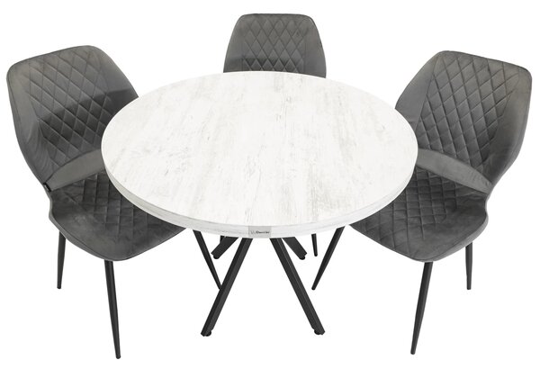Set masa Hamburg Pin antichizat cu 3 scaune Goteborg gri, DENVER, picioare metalice negre, forma rotunda, 90x73 cm