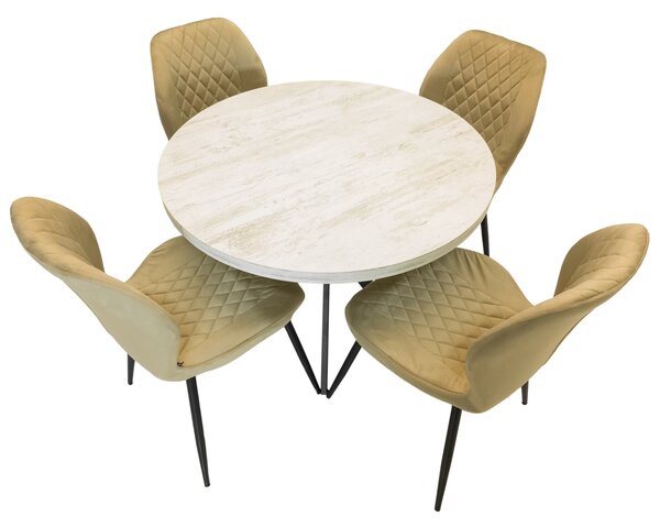 Set masa Hamburg Pin antichizat cu 4 scaune Goteborg bej, DENVER, picioare metalice negre, forma rotunda, 90x73 cm