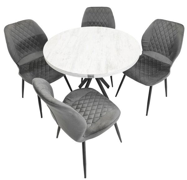 Set masa Hamburg Pin antichizat cu 4 scaune Goteborg gri, DENVER, picioare metalice negre, forma rotunda, 90x73 cm