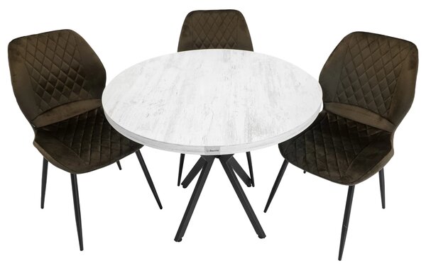 Set masa Hamburg Pin antichizat cu 3 scaune Goteborg maro, DENVER, picioare metalice negre, forma rotunda, 90x73 cm