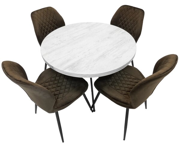 Set masa Hamburg Pin antichizat cu 4 scaune Goteborg maro, DENVER, picioare metalice negre, forma rotunda, 90x73 cm