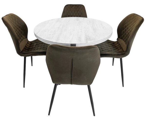 Set masa Hamburg Pin antichizat cu 4 scaune Goteborg maro, DENVER, picioare metalice negre, forma rotunda, 90x73 cm