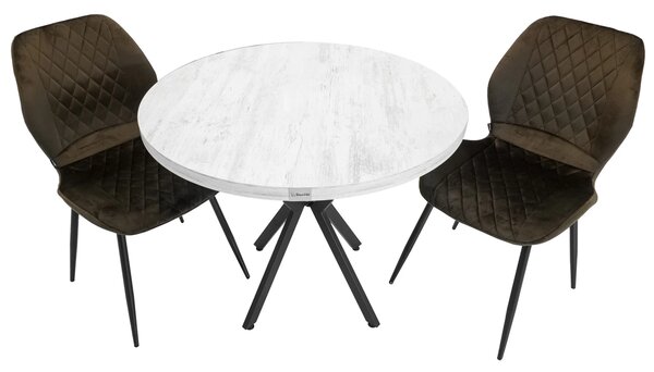 Set masa Hamburg Pin antichizat cu 2 scaune Goteborg maro, DENVER, picioare metalice negre, forma rotunda, 90x73 cm