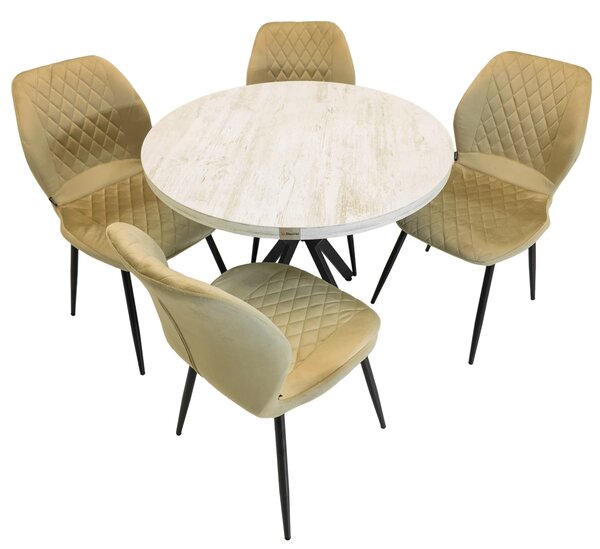 Set masa Hamburg Pin antichizat cu 4 scaune Goteborg bej, DENVER, picioare metalice negre, forma rotunda, 90x73 cm