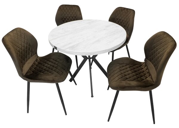 Set masa Hamburg Pin antichizat cu 4 scaune Goteborg maro, DENVER, picioare metalice negre, forma rotunda, 90x73 cm