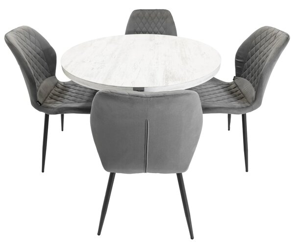 Set masa Hamburg Pin antichizat cu 4 scaune Goteborg gri, DENVER, picioare metalice negre, forma rotunda, 90x73 cm