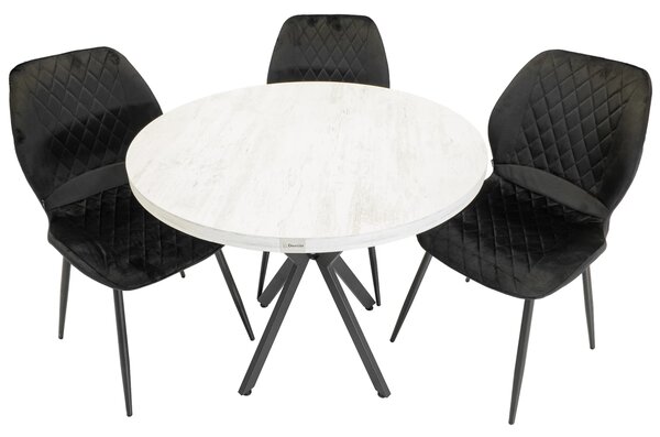 Set masa Hamburg Pin antichizat cu 3 scaune Goteborg negru, DENVER, picioare metalice negre, forma rotunda, 90x73 cm