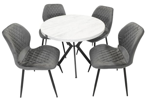 Set masa Hamburg Pin antichizat cu 4 scaune Goteborg gri, DENVER, picioare metalice negre, forma rotunda, 90x73 cm