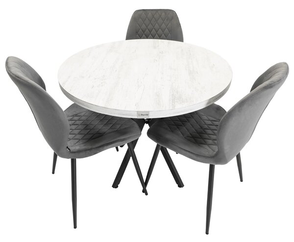 Set masa Hamburg Pin antichizat cu 3 scaune Goteborg gri, DENVER, picioare metalice negre, forma rotunda, 90x73 cm