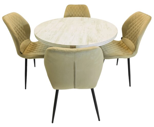 Set masa Hamburg Pin antichizat cu 4 scaune Goteborg bej, DENVER, picioare metalice negre, forma rotunda, 90x73 cm