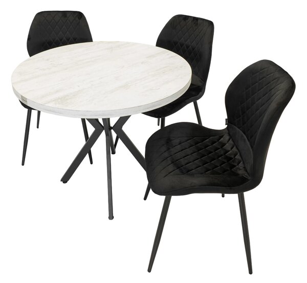 Set masa Hamburg Pin antichizat cu 3 scaune Goteborg negru, DENVER, picioare metalice negre, forma rotunda, 90x73 cm